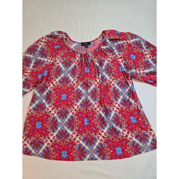 Karen Kane Size 3X Boho Floral Print Blouse Red & Blue Long Sleeve Peasant Style - Picture 4 of 13